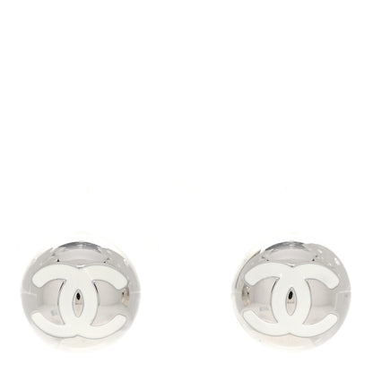 Chanel Metal Enamel CC Round Dome Earrings Silver White 1 of 5