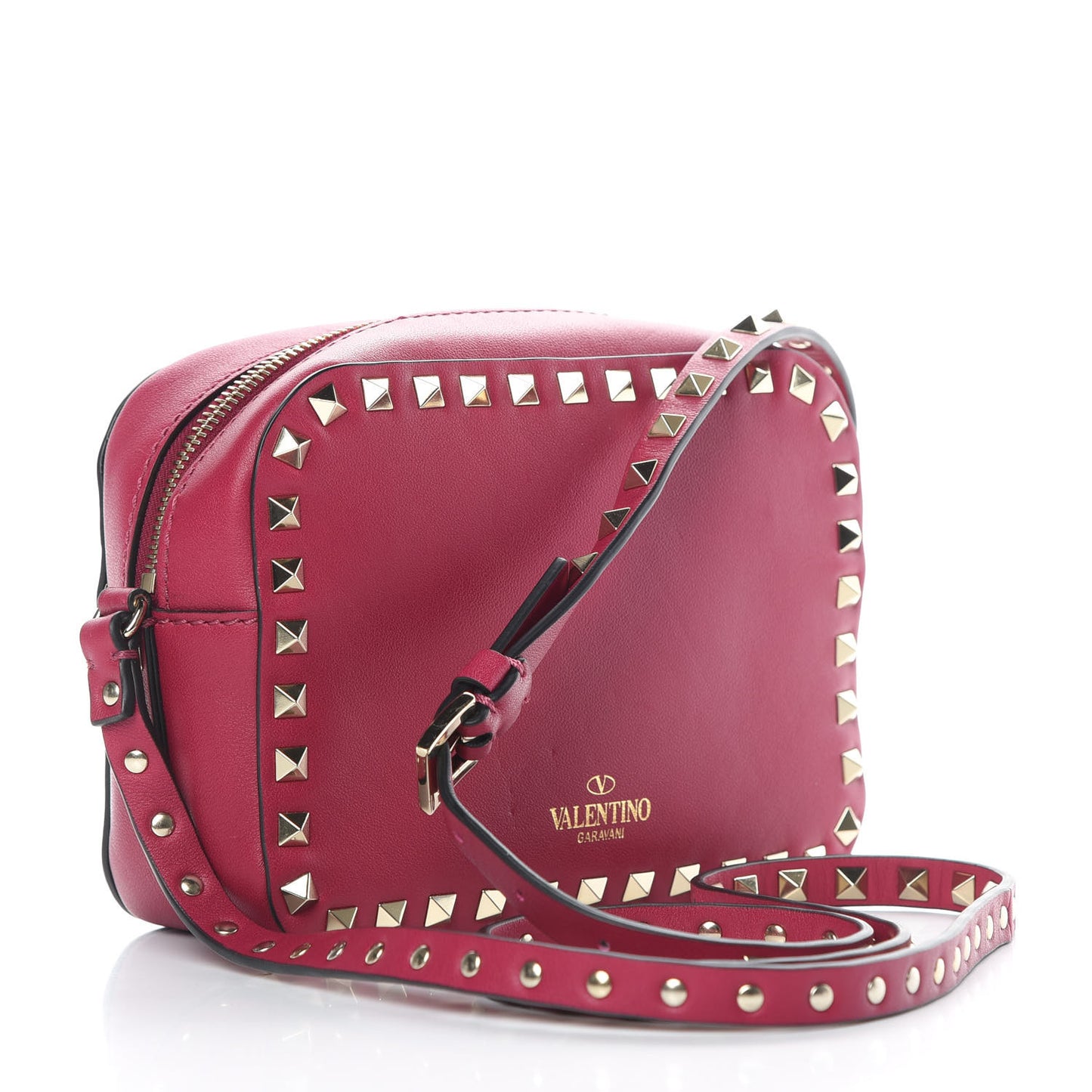 Vitello Rockstud Camera Crossbody Bag Raspberry