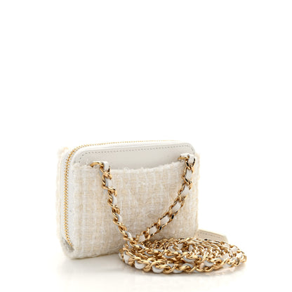Chanel Tweed Quilted Bow Flap Card Holder On Chain White 3 of 11