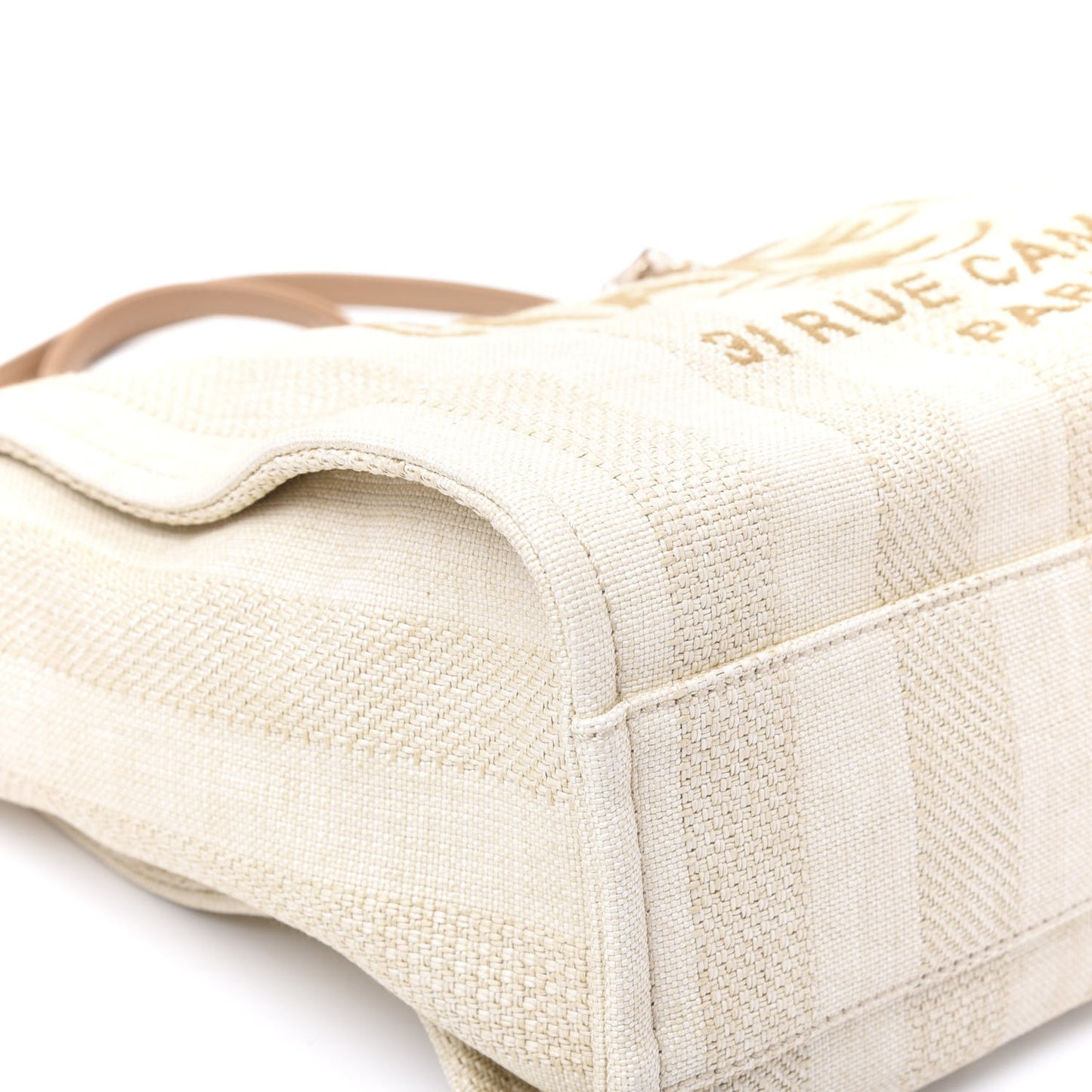 Mixed Fibers Calfskin Striped Small Deauville Tote Beige