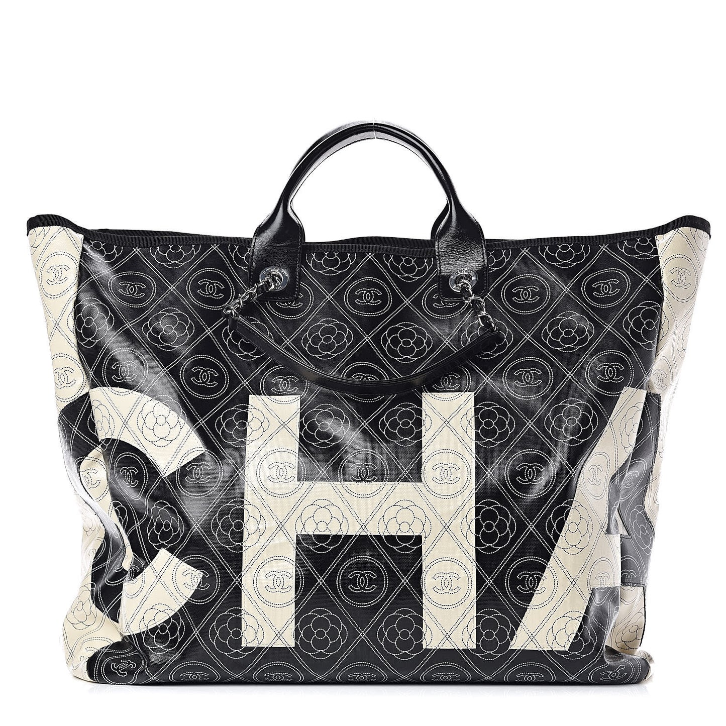 Coated Canvas Camellia Large Shopping Tote Black Beige