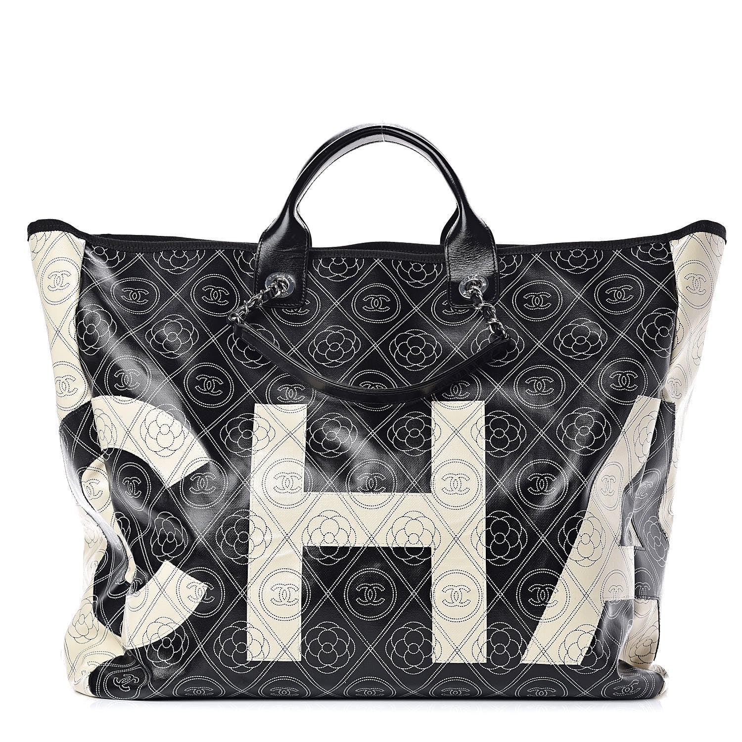 Chanel Coated Canvas Camellia Large Shopping Tote Black Beige 1 of 11