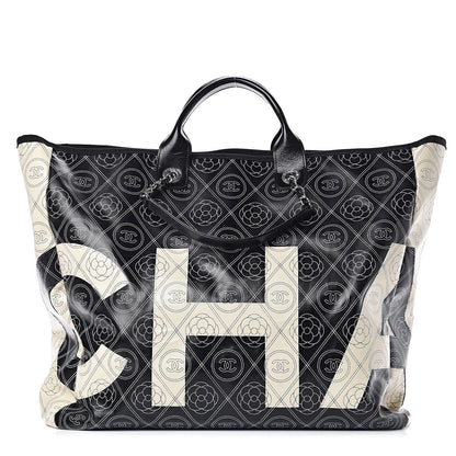 Chanel Coated Canvas Camellia Large Shopping Tote Black Beige 1 of 11