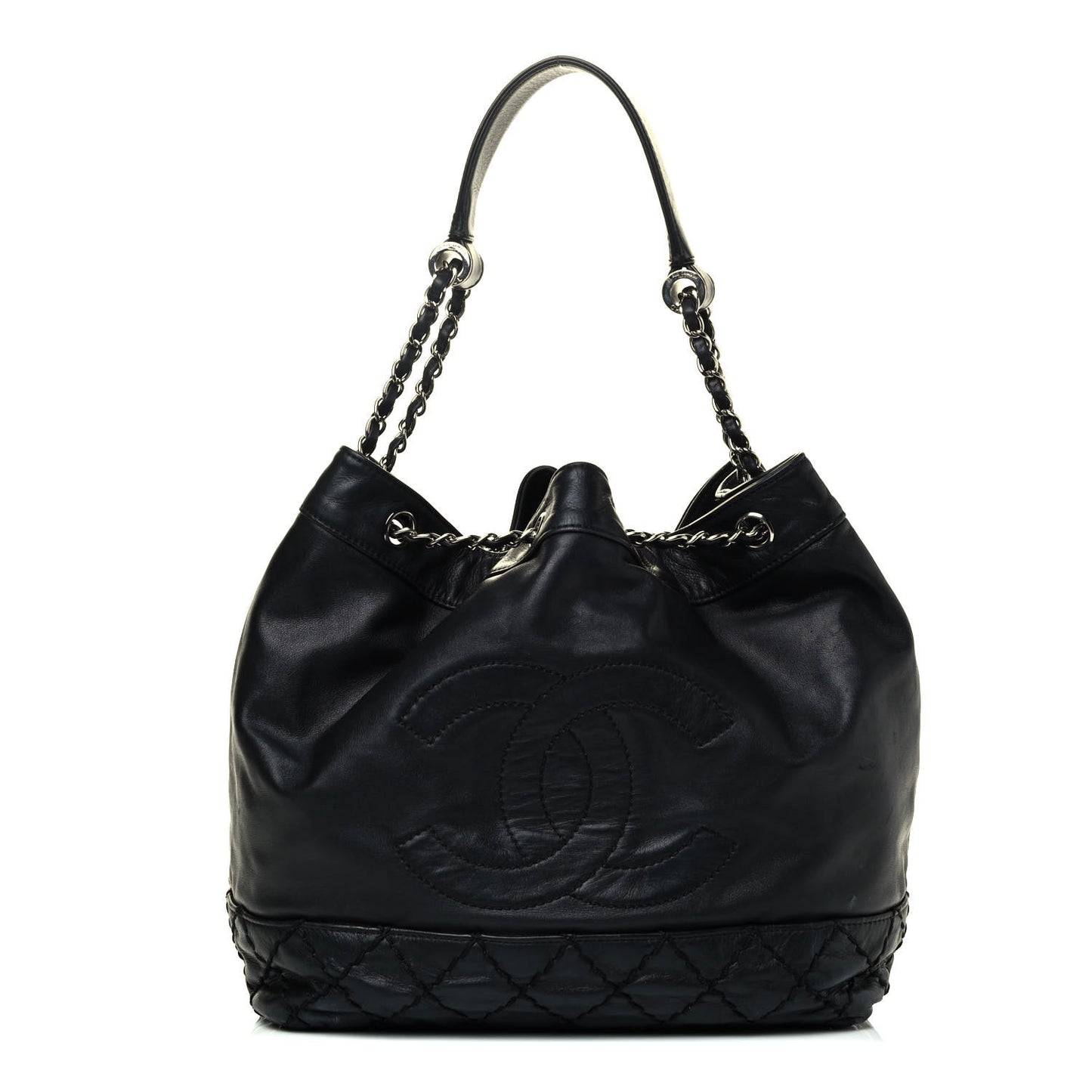 Calfskin Drawstring CC Bucket Bag Black