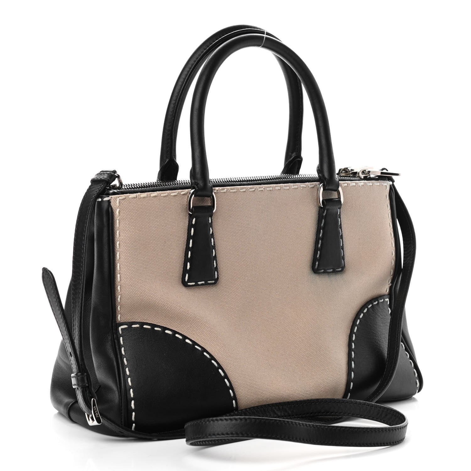 Prada Canvas Calfskin Small City Stitch Tote Black 3 of 16