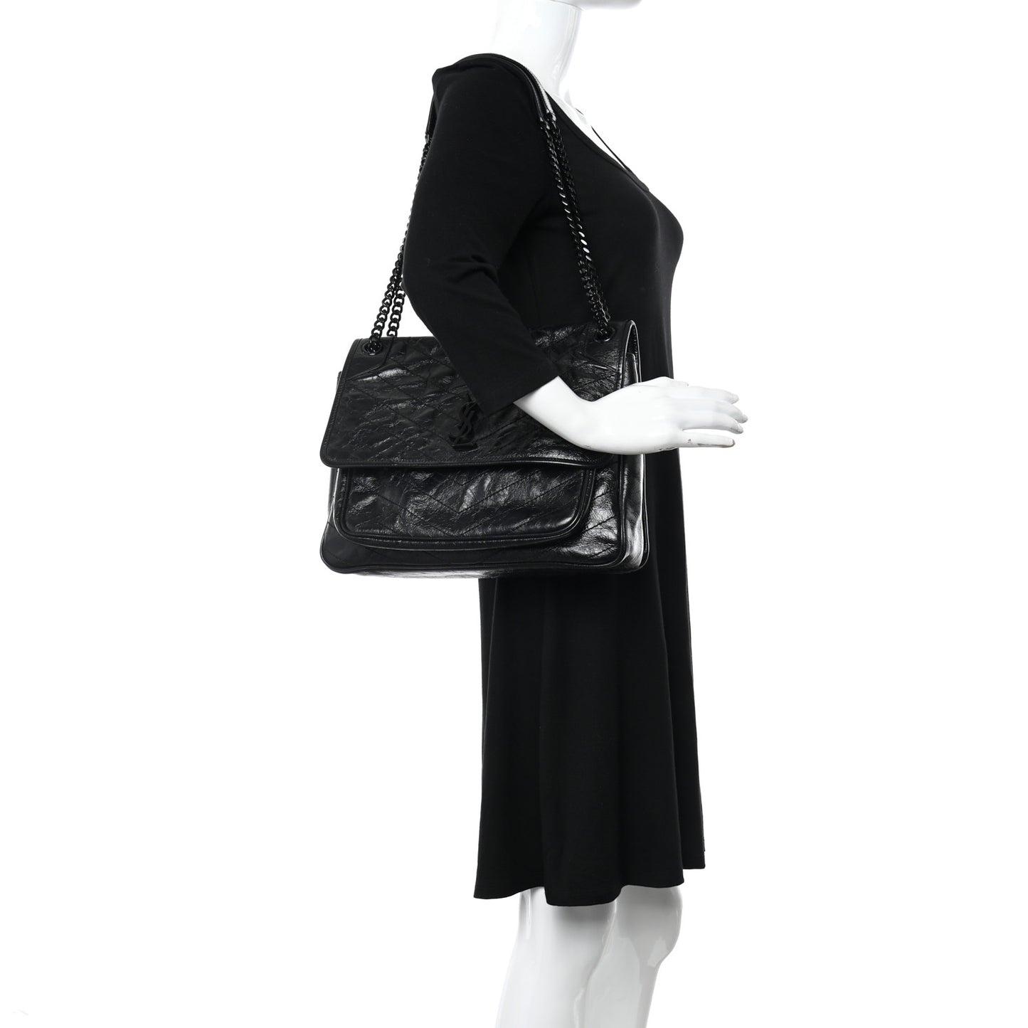 Crinkled Calfskin Matelasse Monogram Large Niki Chain Satchel Black