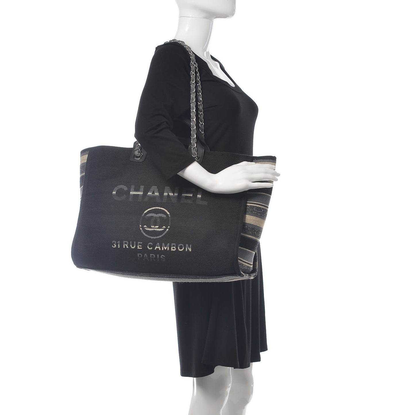 Striped Canvas Large Deauville Tote Black
