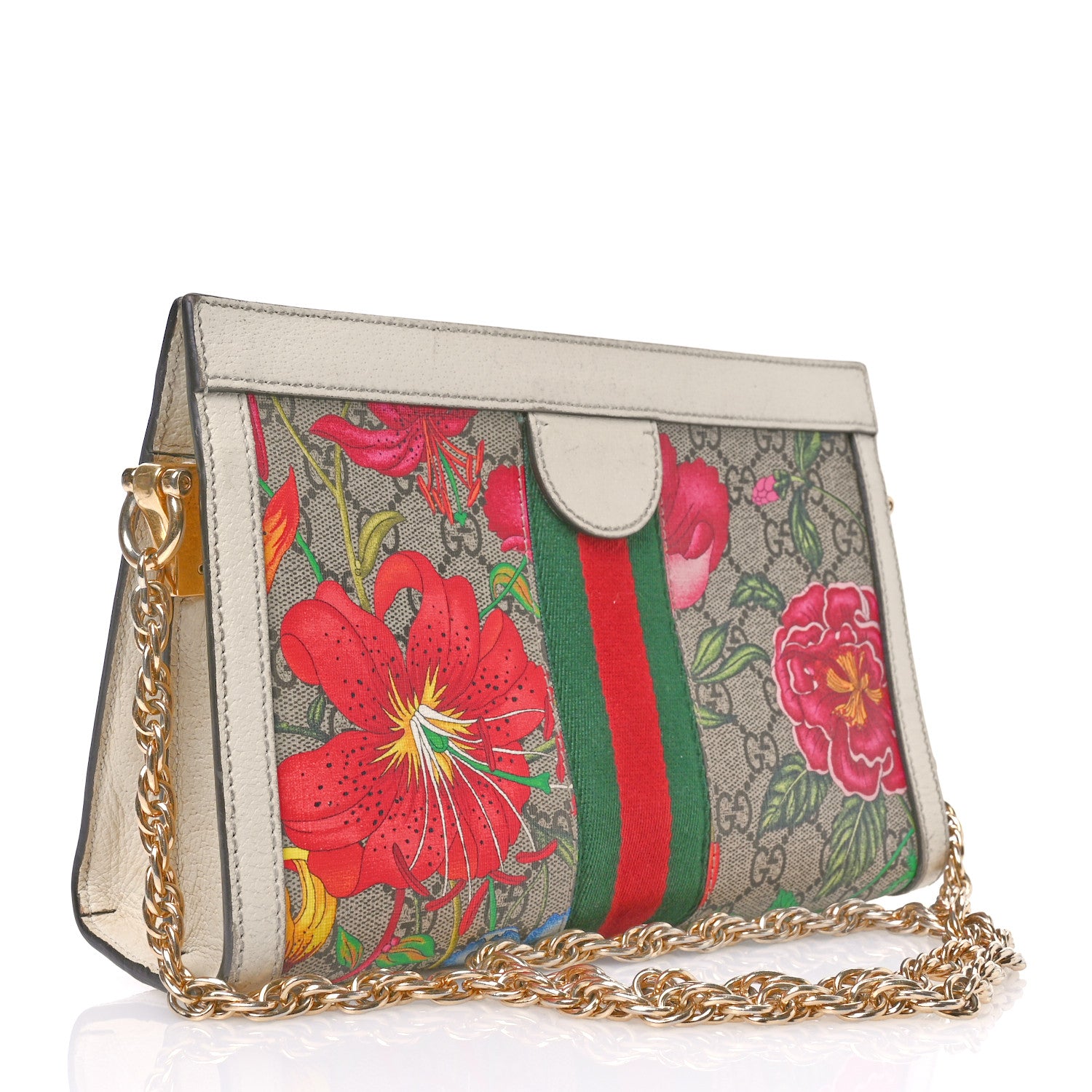 Gucci GG Supreme Monogram Flora Web Small Ophidia Chain Shoulder Bag White 3 of 14