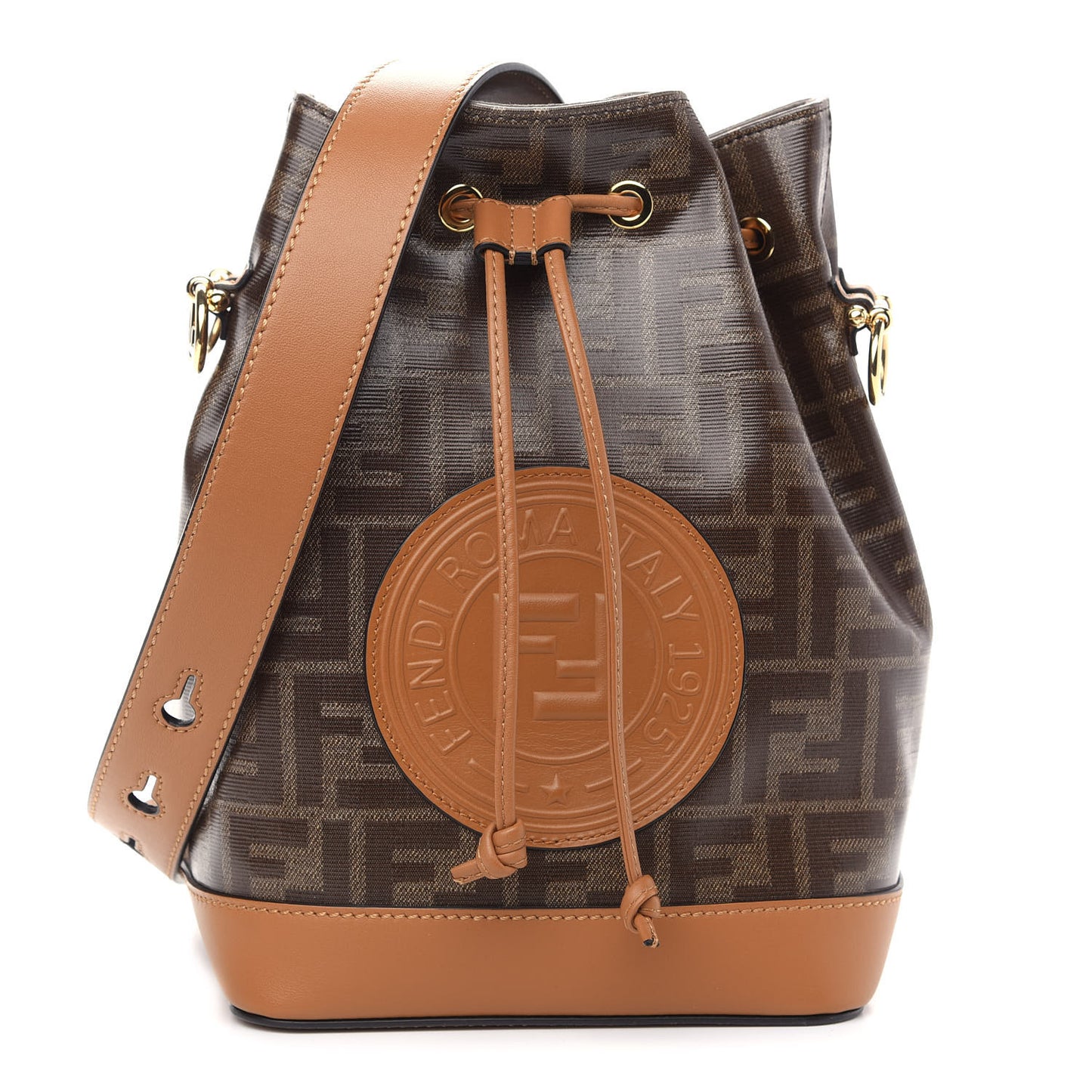 Glazed Fabric Vitello Grace F is Fendi FF 1974 Stamp Patch Grande Mon Tresor Bucket Bag Mogano Panna Nocciola