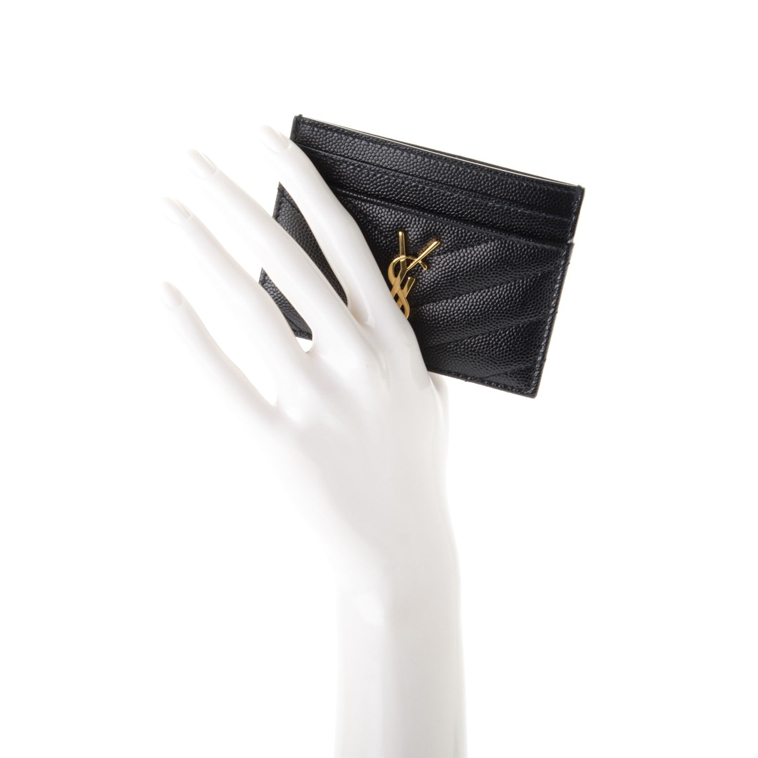 Saint Laurent Grain De Poudre Matelasse Chevron Monogram Credit Card Case Black 2 of 7