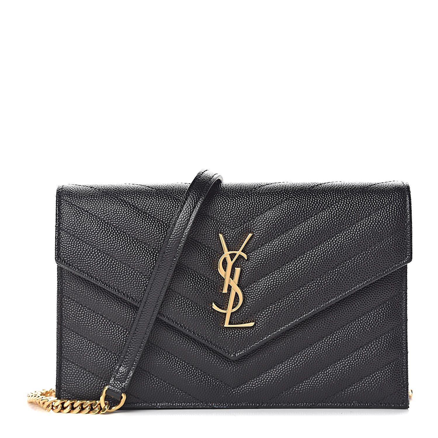 Saint Laurent Grain De Poudre Matelasse Chevron Monogram Envelope Chain Wallet Black 1 of 13