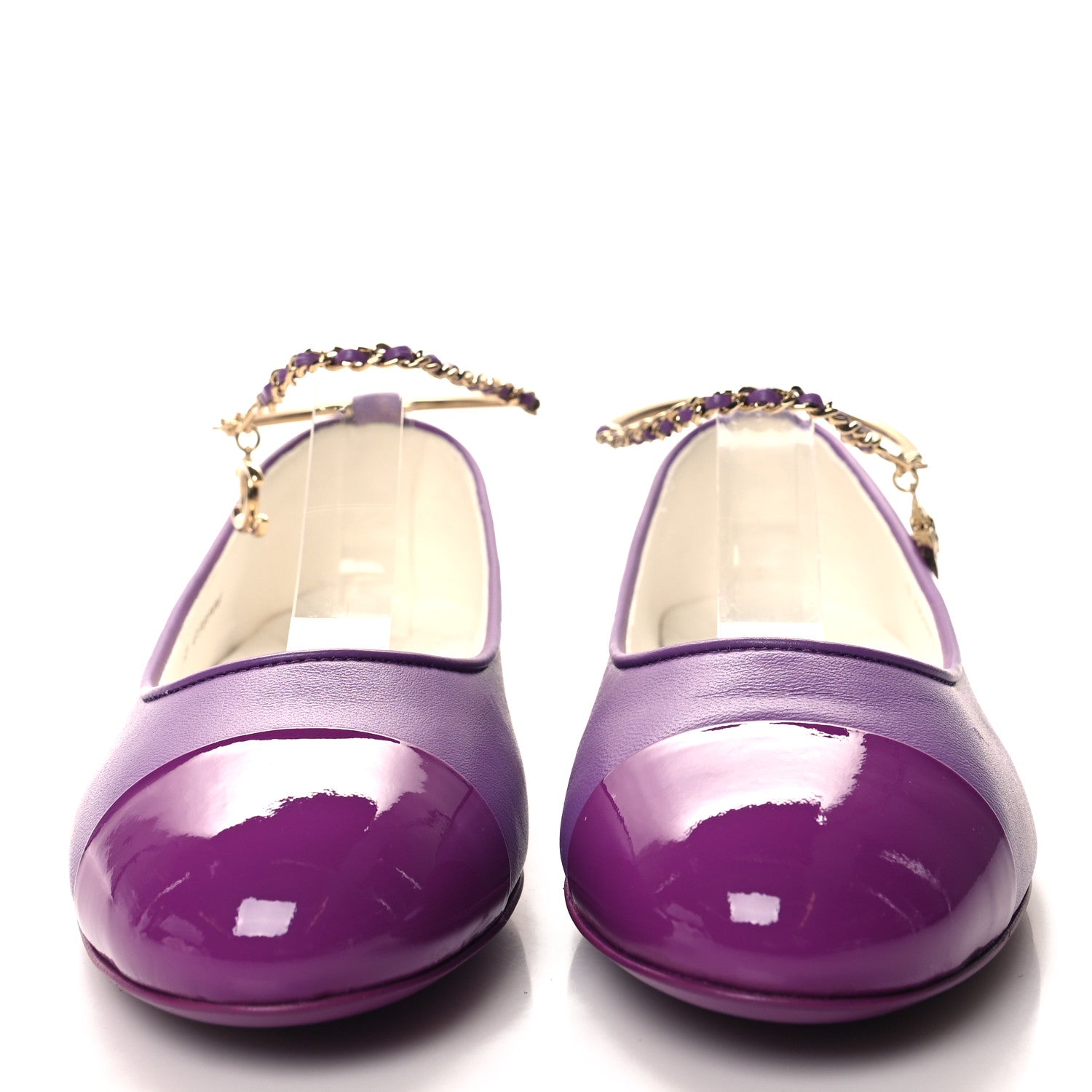 Chanel Lambskin Patent Calfskin Cap Toe Ankle Chain Ballerina Flats 38 Purple 2 of 9