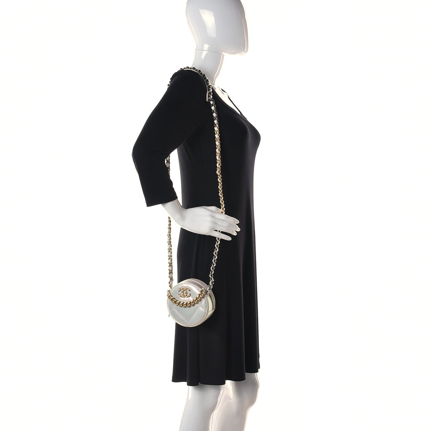 Iridescent Calfskin Quilted Chanel 19 Round Clutch With Chain White