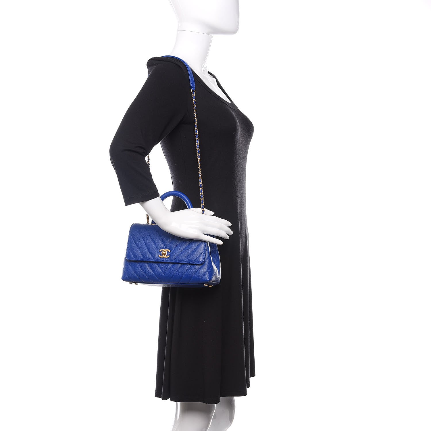 Chanel Caviar Chevron Quilted Mini Coco Handle Flap Blue 3 of 11