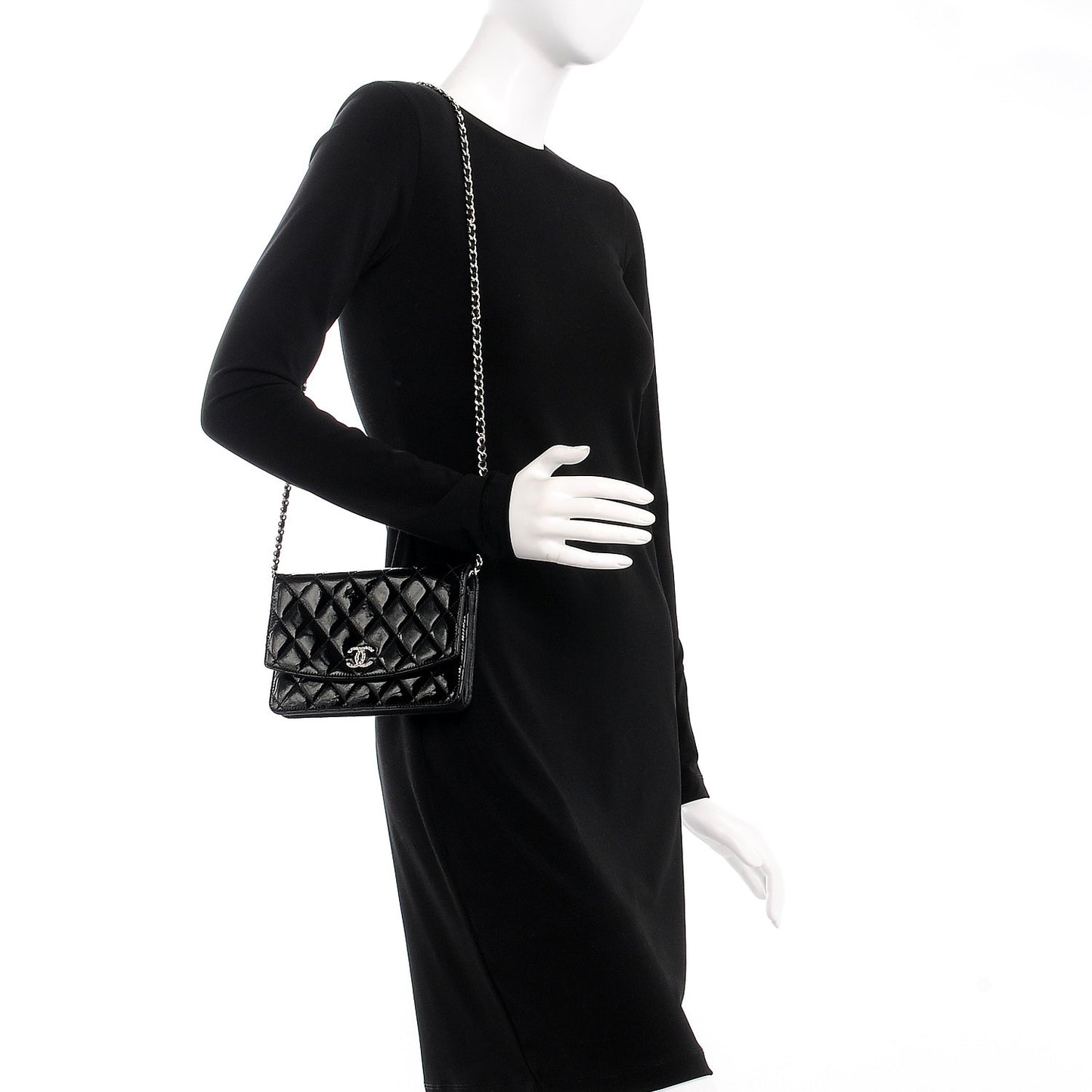 Patent Quilted Brilliant Wallet On Chain WOC Black