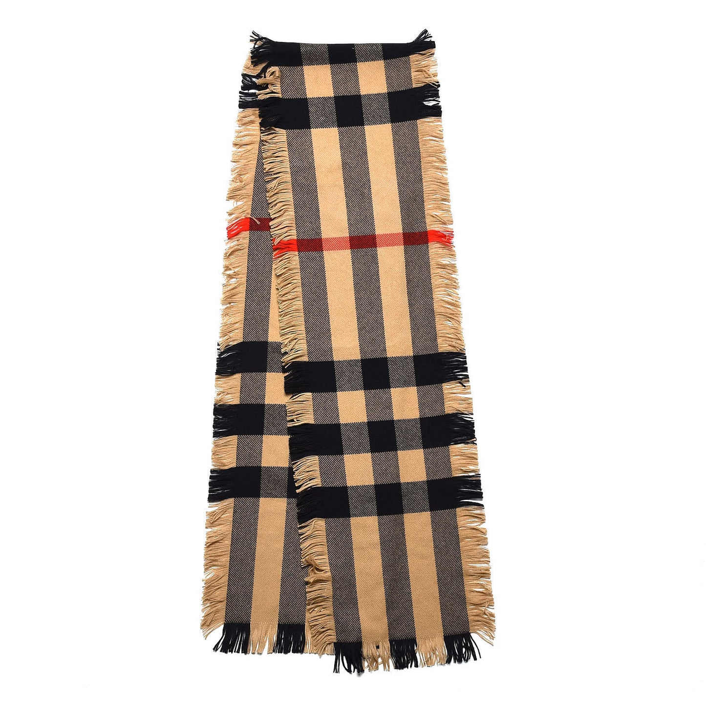Wool Half Mega Check Fringe Scarf Camel