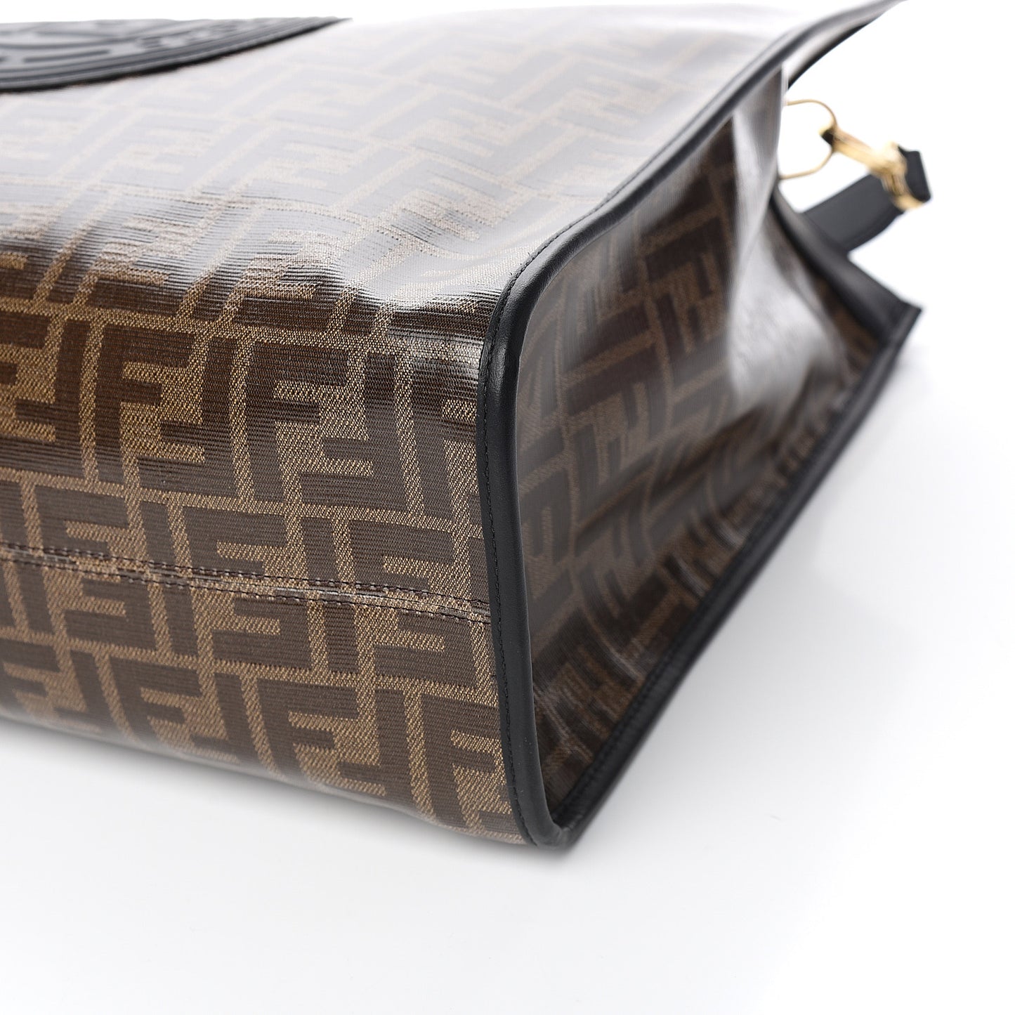 Glazed Fabric Vitello Century Plexiglass FF 1974 Stamp Patch Medium Runaway Shopper Tote Mogano Panna Black