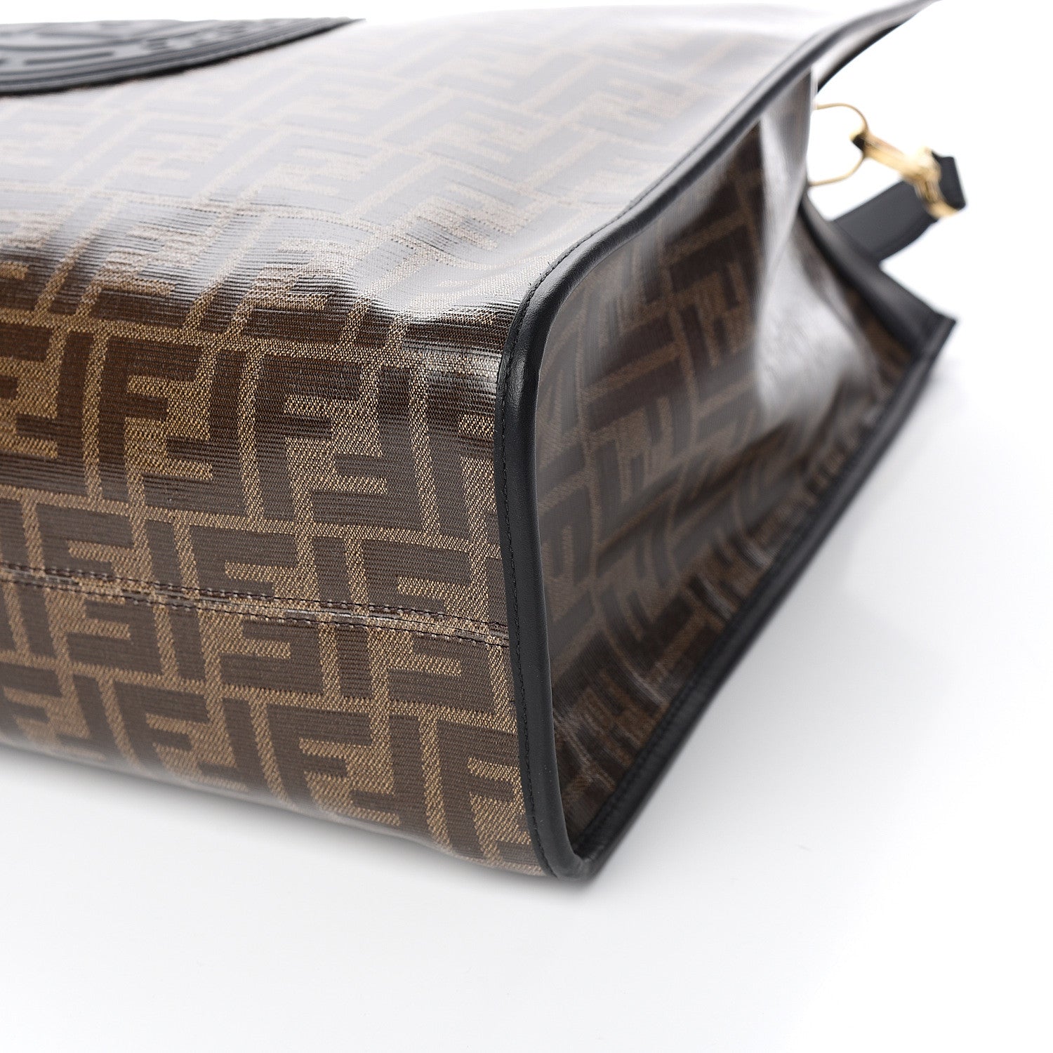 Fendi Glazed Fabric Vitello Century Plexiglass FF 1974 Stamp Patch Medium Runaway Shopper Tote Mogano Panna Black 8 of 9