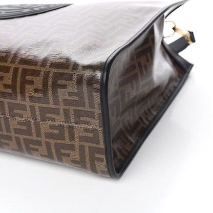 Fendi Glazed Fabric Vitello Century Plexiglass FF 1974 Stamp Patch Medium Runaway Shopper Tote Mogano Panna Black 8 of 9