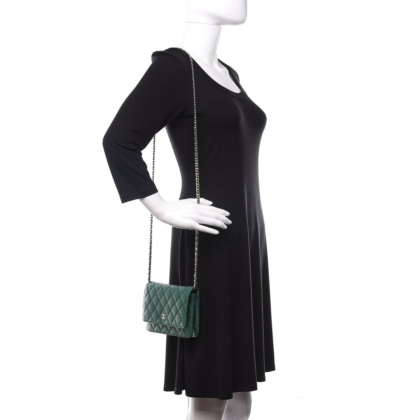 Metallic Caviar Quilted Wallet On Chain WOC Green