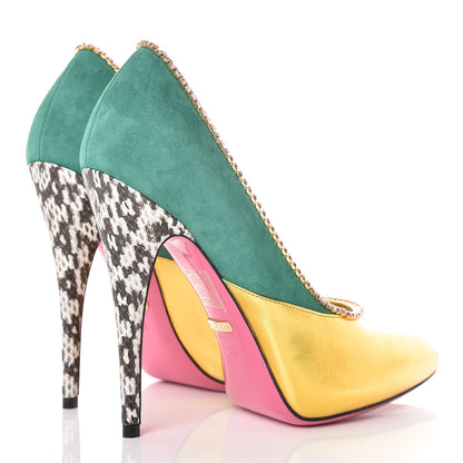 Gucci Metallic Nappa Kid Scamosciato Elaphe Snakeskin Peachy Pumps 38.5 Oro Emerald Roccia 4 of 9
