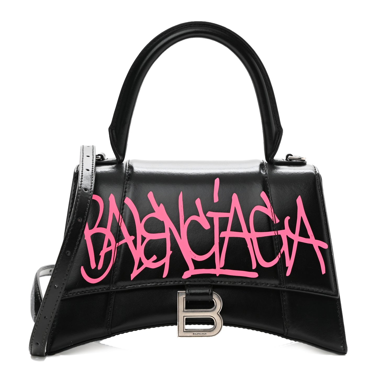 Shiny Box Calfskin Graffiti Logo Small Hourglass Top Handle Bag Black Pink