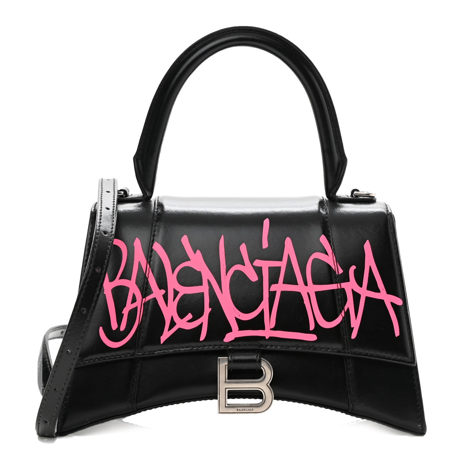 Balenciaga Shiny Box Calfskin Graffiti Logo Small Hourglass Top Handle Bag Black Pink 1 of 8