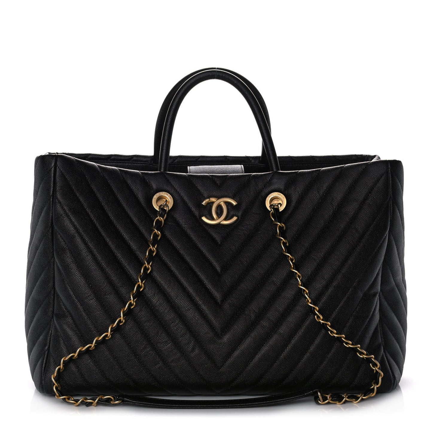 Aged Calfskin Chevron Large Coco Handle Shopping Tote Black