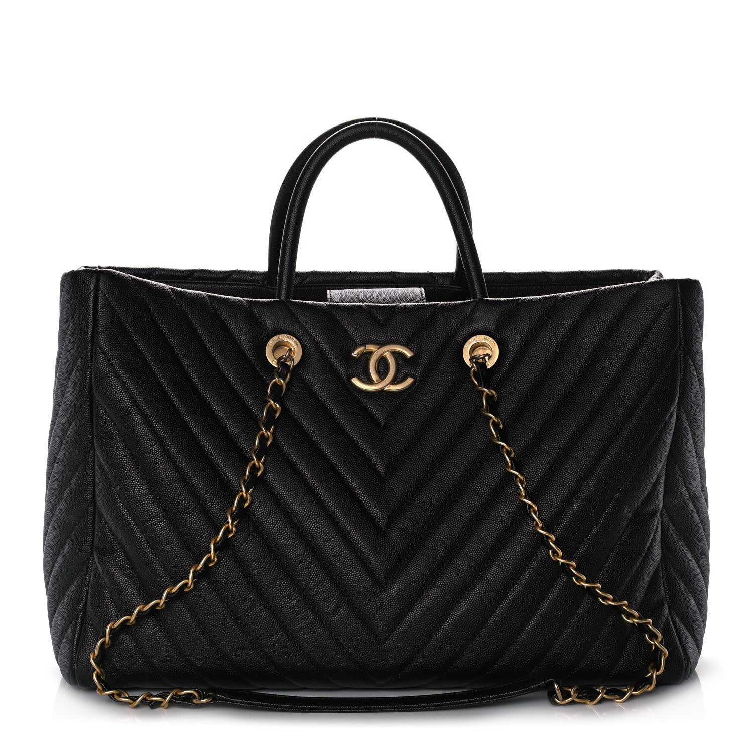 Chanel Aged Calfskin Chevron Large Coco Handle Shopping Tote Black 1 of 11