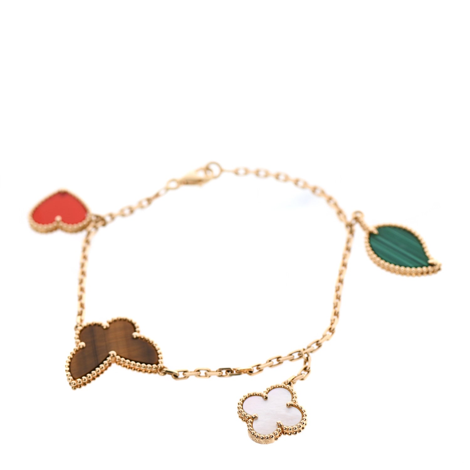 Van Cleef & Arpels 18K Yellow Gold Mother of Pearl Malachite Carnelian Tiger Eye 4 Motifs Lucky Alhambra Bracelet 1 of 4