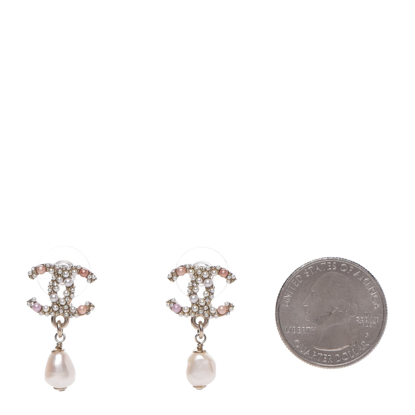Pearl Crystal CC Charm Drop Earrings Light Gold Pink