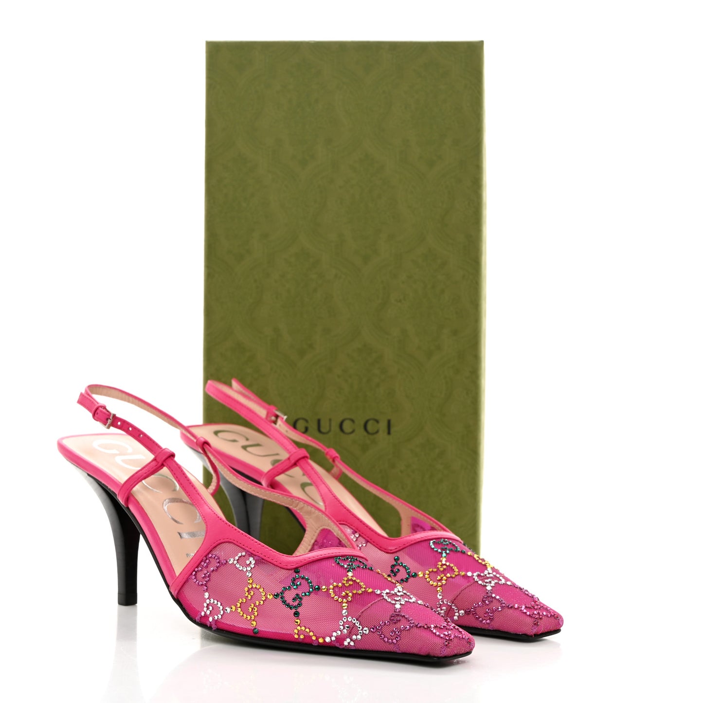 Tela Retino Nappa Charlotte Crystal GG Monogram Square G 75mm Slingback Pumps 39 Bright Bouganville Fairy Fucsia