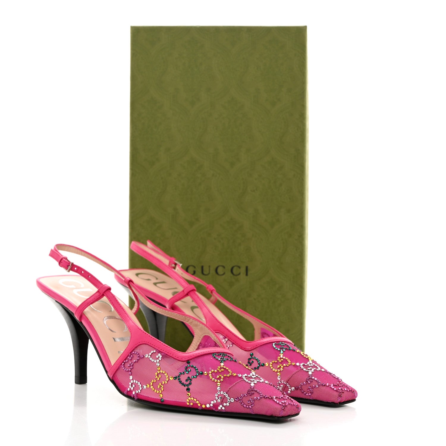 Gucci Tela Retino Nappa Charlotte Crystal GG Monogram Square G 75mm Slingback Pumps 39 Bright Bouganville Fairy Fucsia 11 of 11