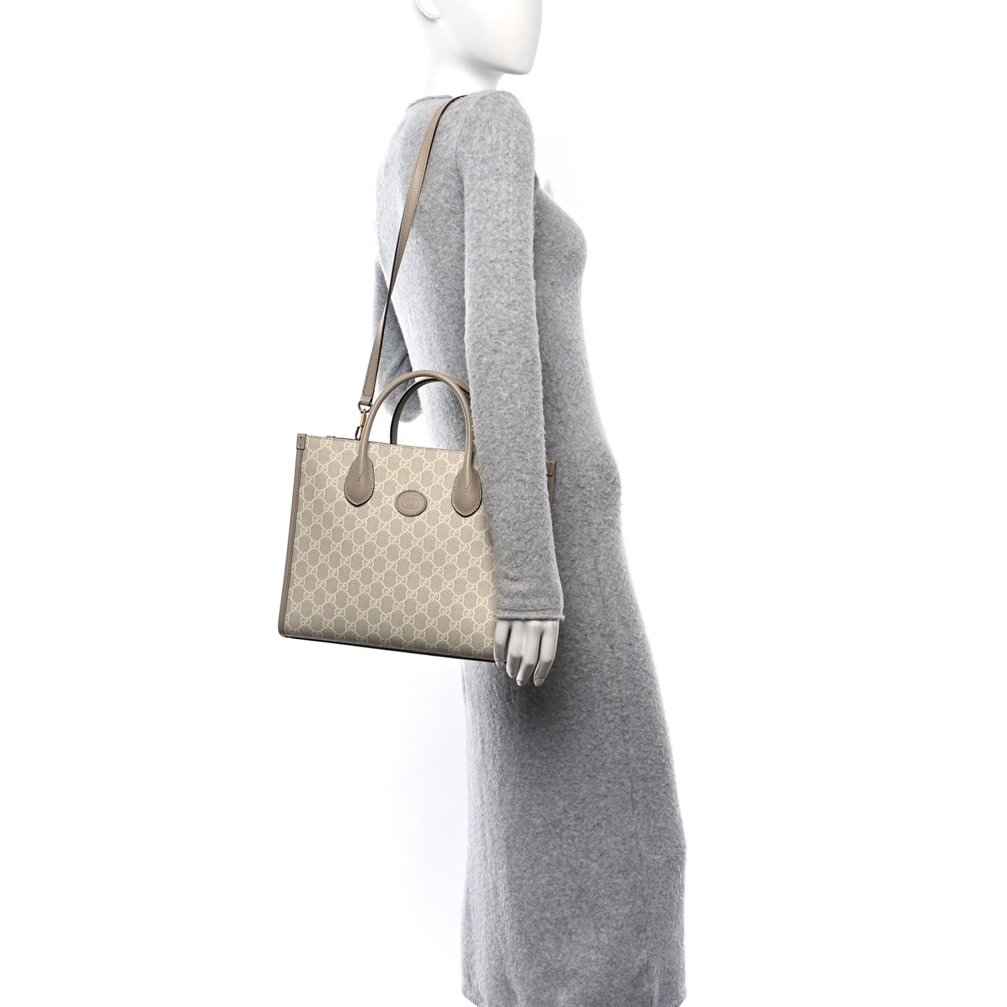 GG Supreme Monogram Textured Dollar Calfskin Small Retro Interlocking G Tote Bag Beige Mystic White Oatmeal