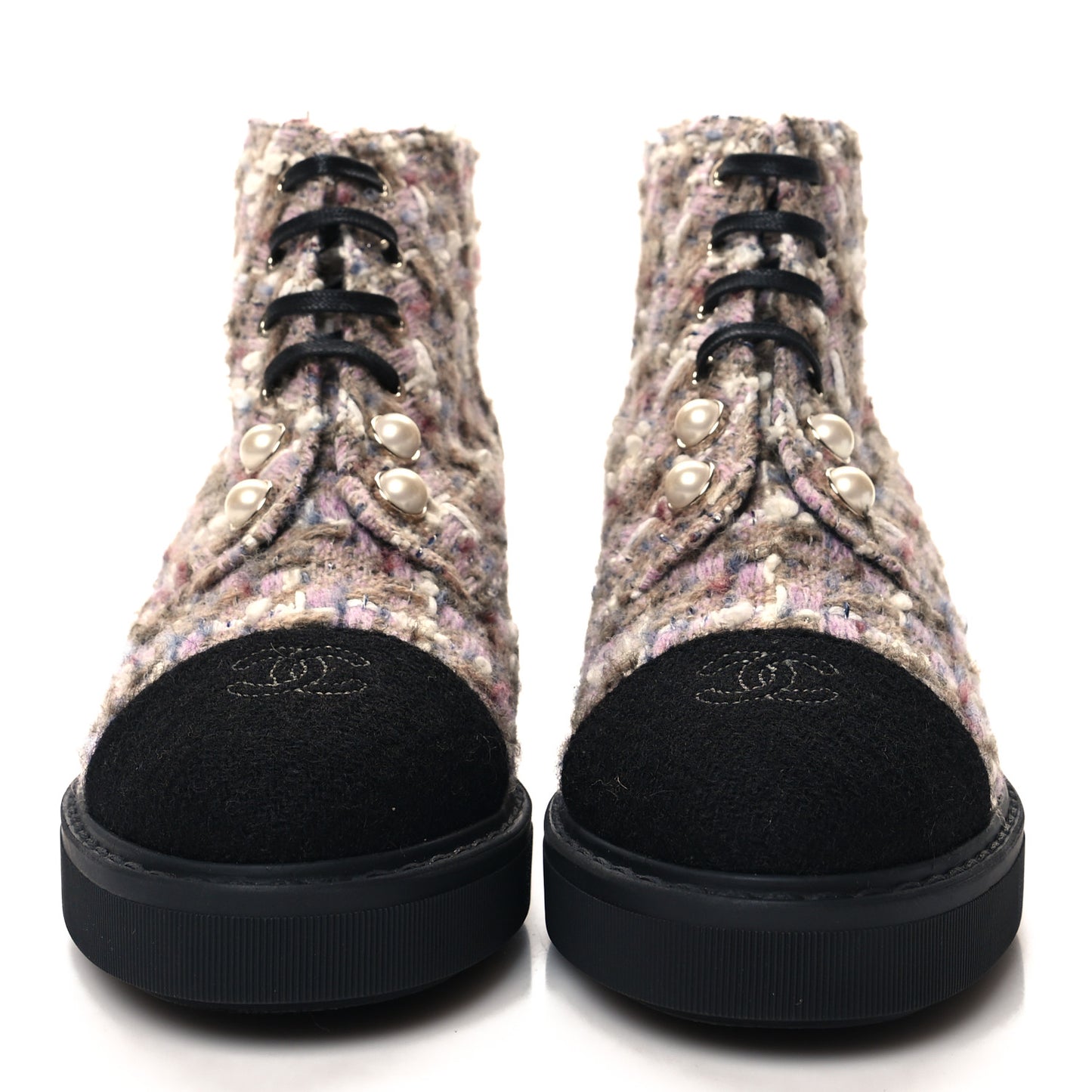 Tweed Calfskin Pearl Combat Short Boots 39 Beige Pink Black