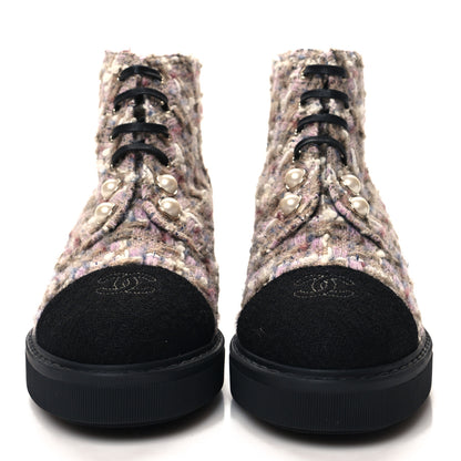 Chanel Tweed Calfskin Pearl Combat Short Boots 39 Beige Pink Black 3 of 9