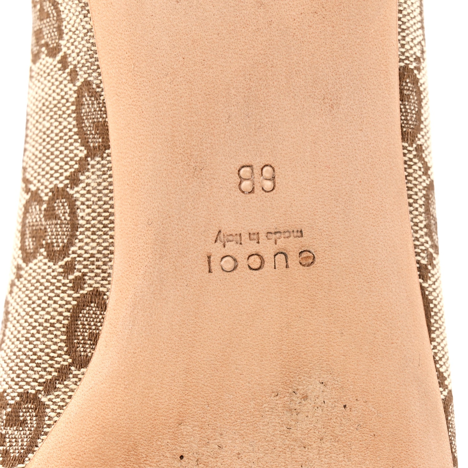 Gucci Monogram Miro Soft Calfskin Womens Horsebit Peep Toe Flats 6 Beige Ebony Mystic White 7 of 10