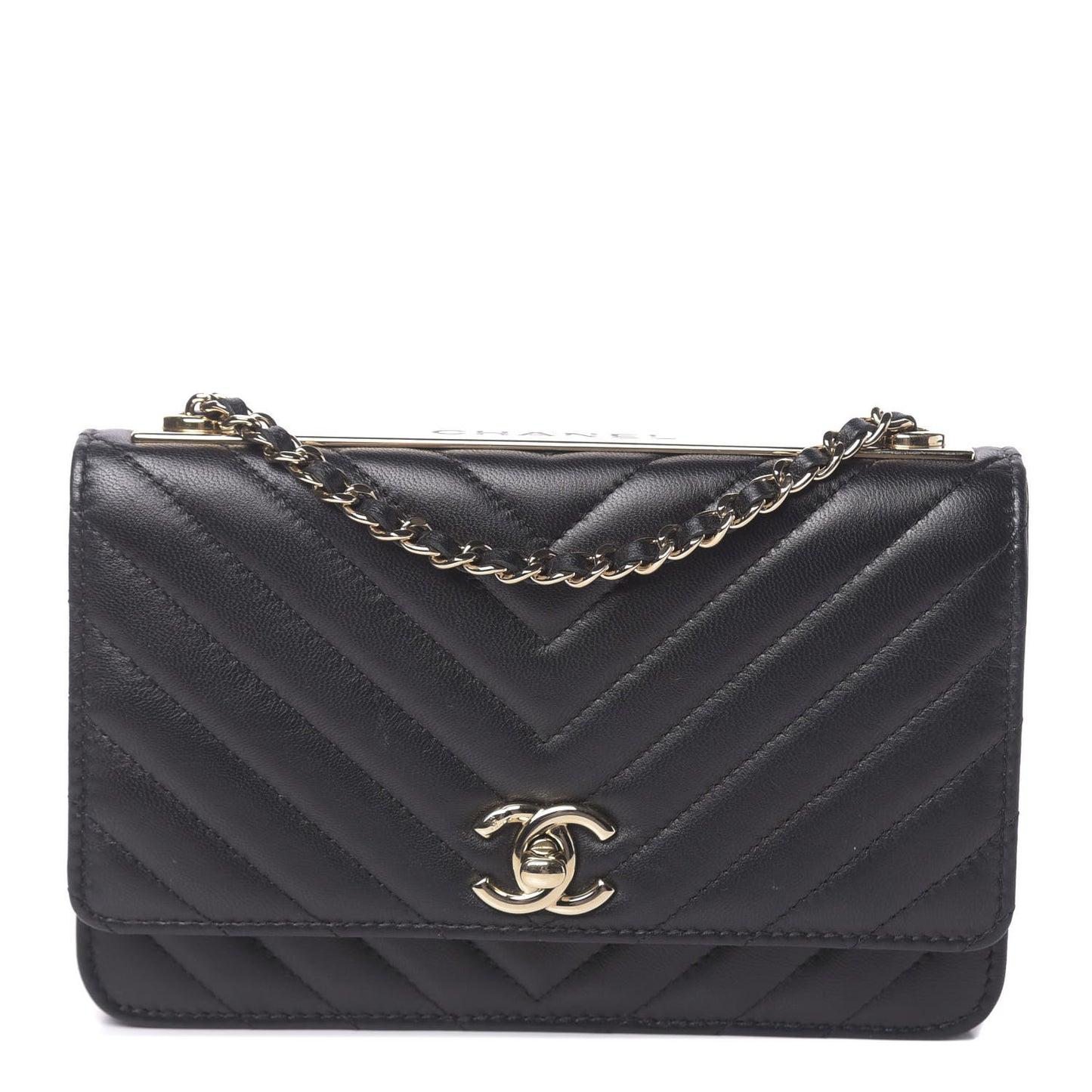 Lambskin Chevron Quilted Trendy CC Wallet On Chain WOC Black