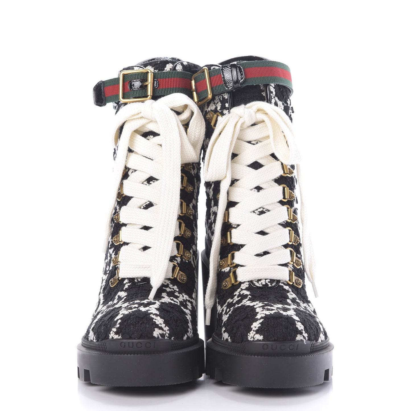 Tweed GG Monogram Lace Up Combat Ankle Boots 37.5 Black