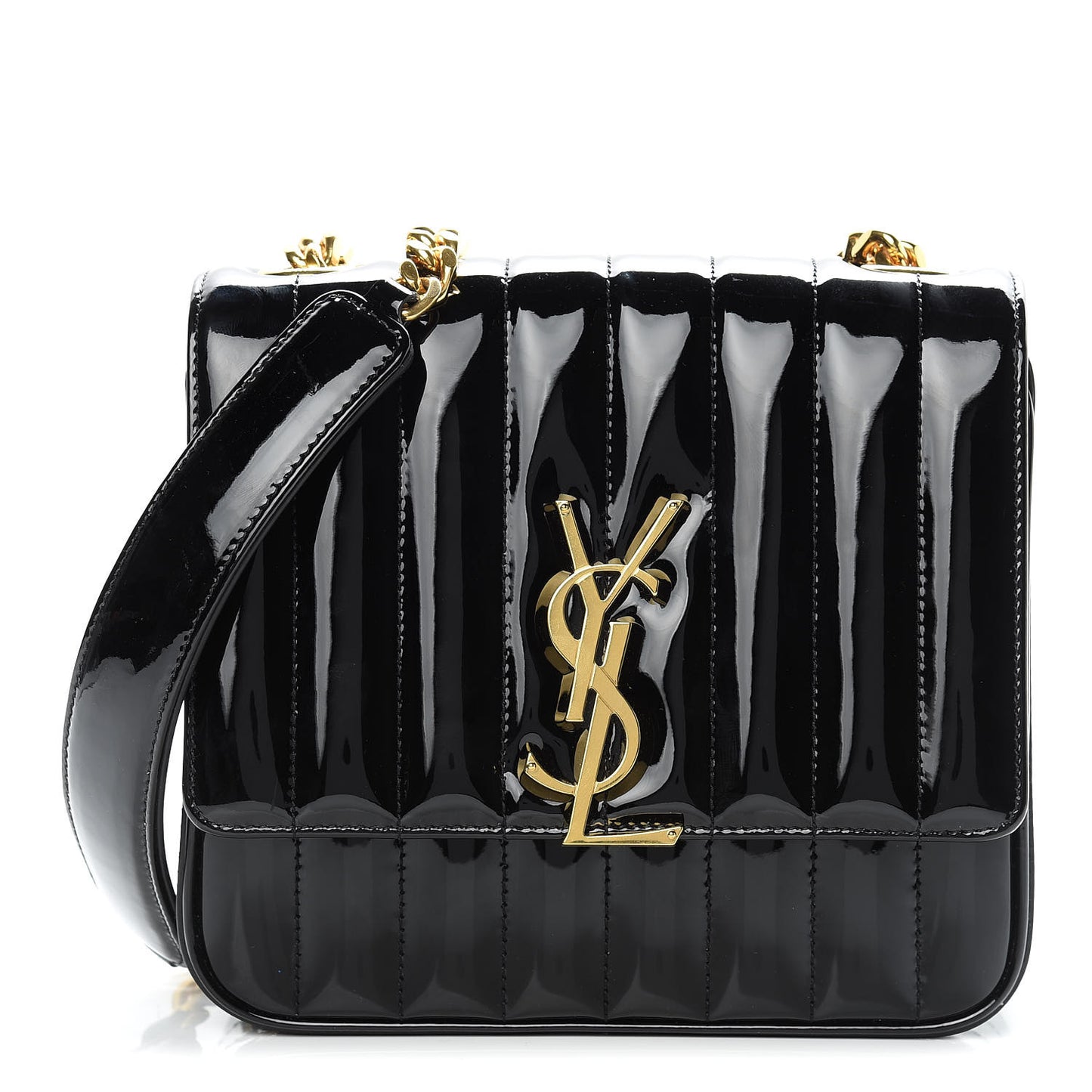 Patent Calfskin Matelasse Monogram Medium Vicky Chain Bag Black