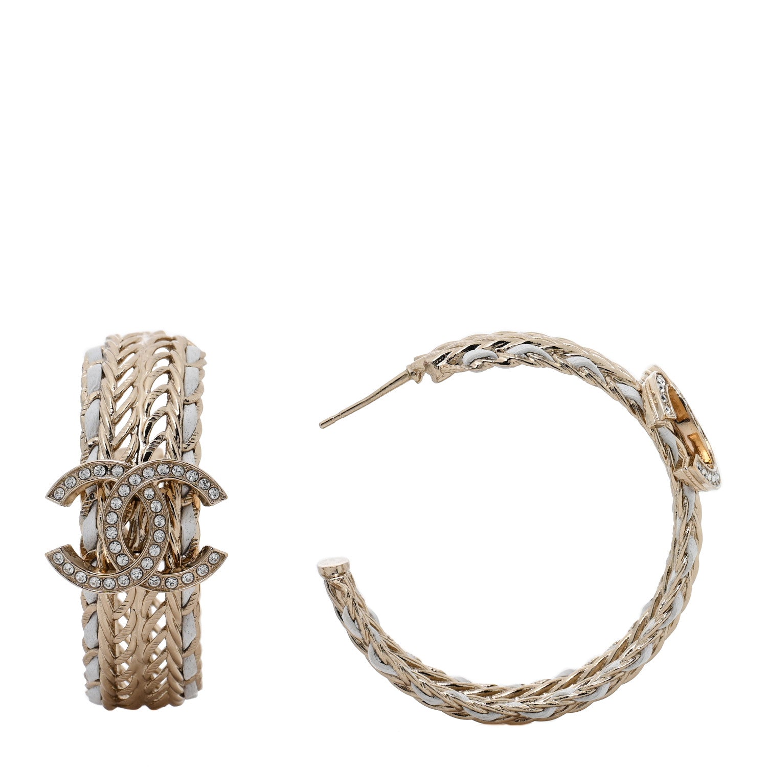 Chanel Crystal Lambskin CC Double Chain Hoop Earrings Gold White 1 of 5