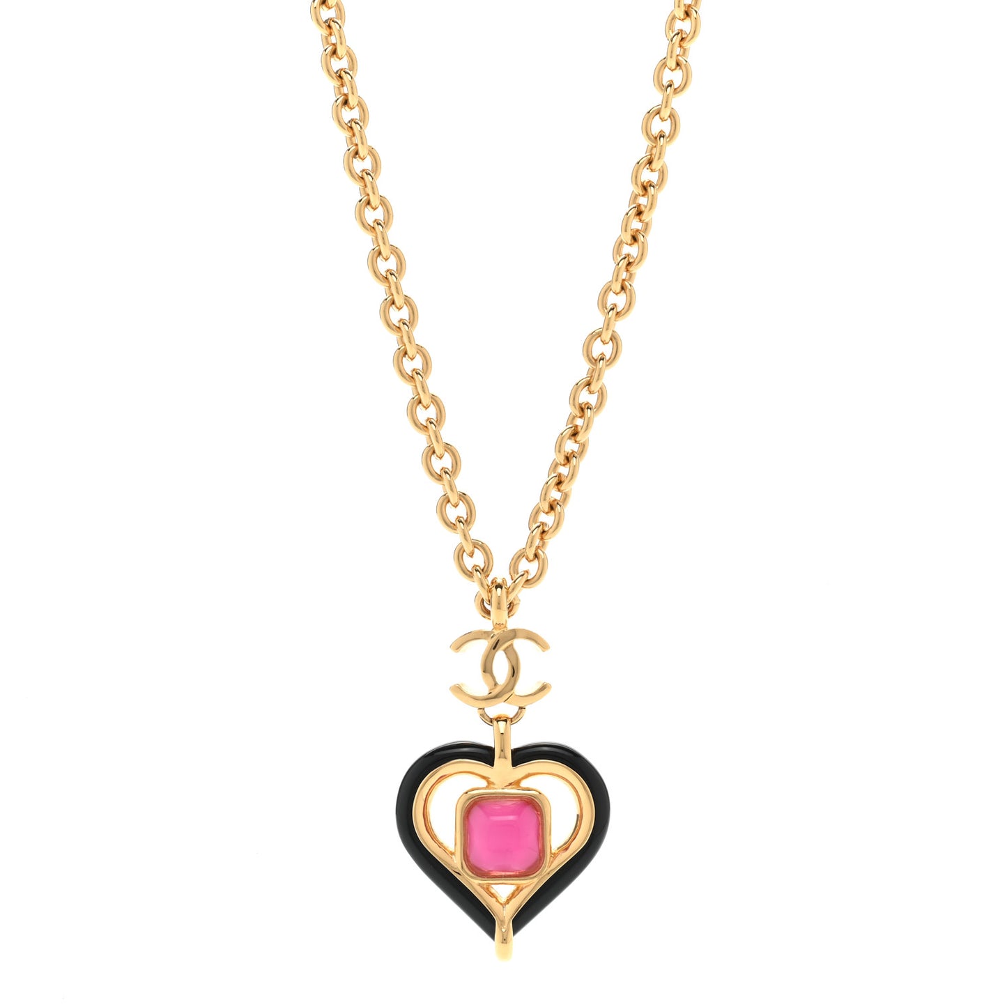 Resin Crystal Heart CC Pendant Necklace Gold Pink Black