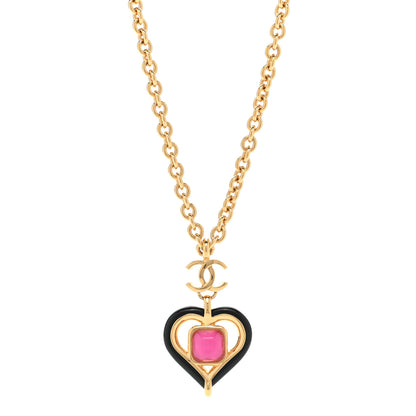 Chanel Resin Crystal Heart CC Pendant Necklace Gold Pink Black 1 of 6