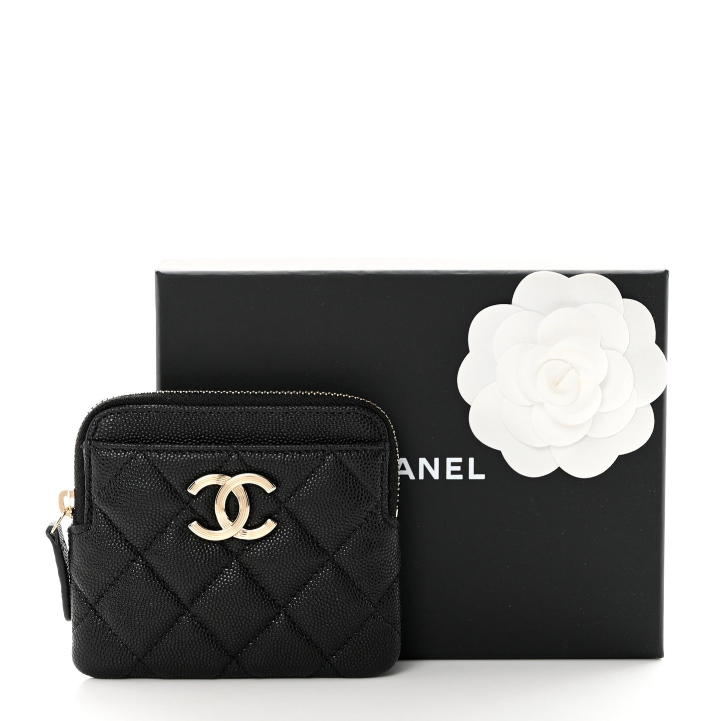 Caviar Metal Quilted Striated Zip Card Holder Wallet Black