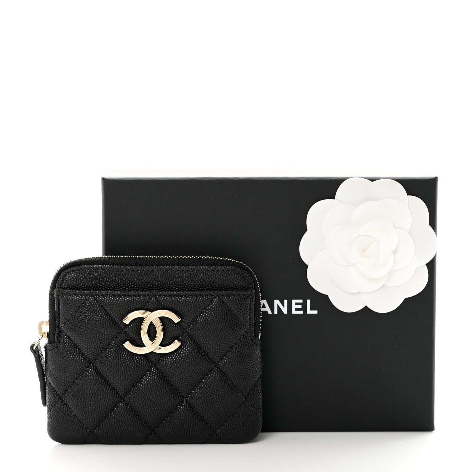 Chanel Caviar Metal Quilted Striated Zip Card Holder Wallet Black 9 of 9