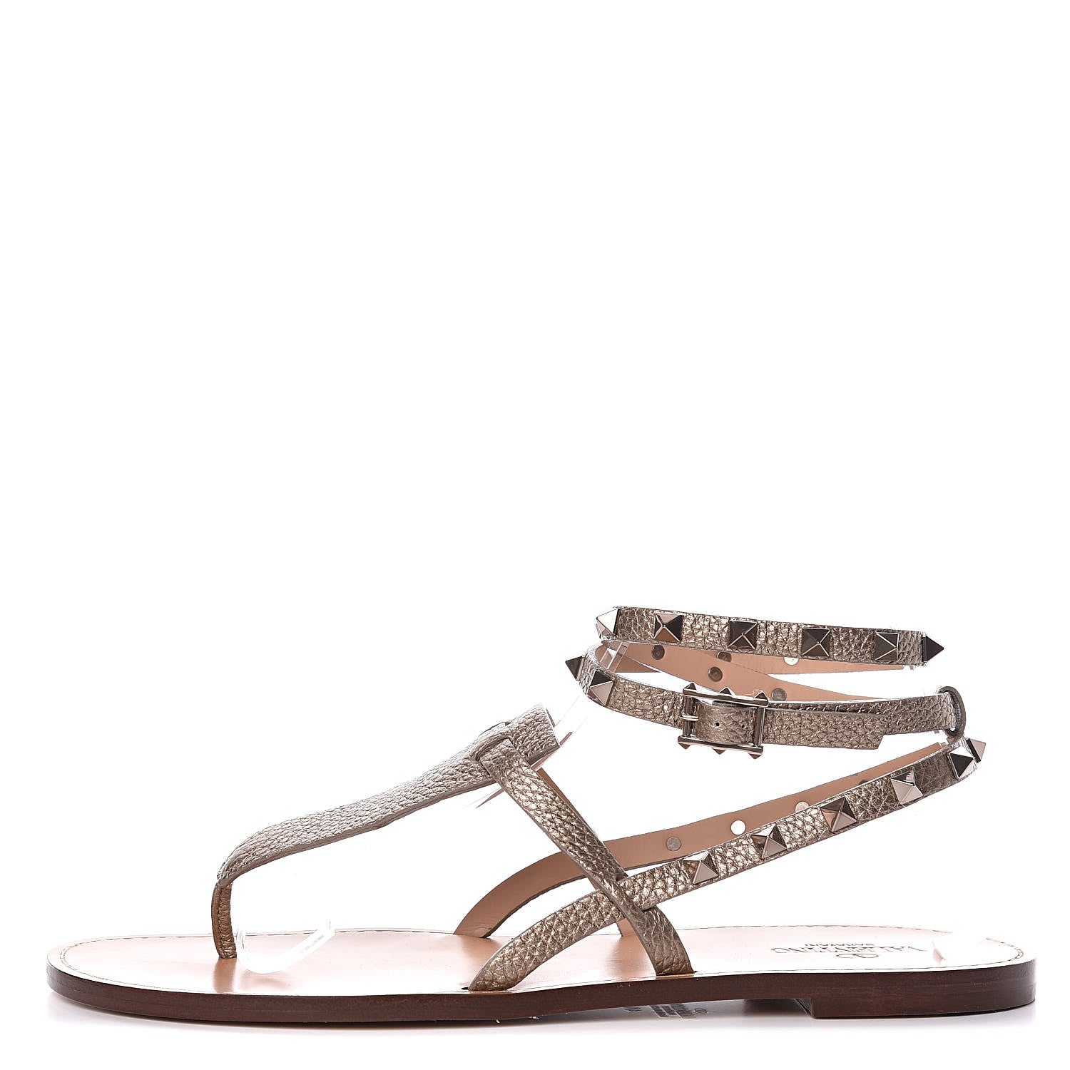 Valentino Garavani Metallic Pebbled Calfskin Rockstud Ankle Wrap Flat Thong Sandals 41 Skin 1 of 12