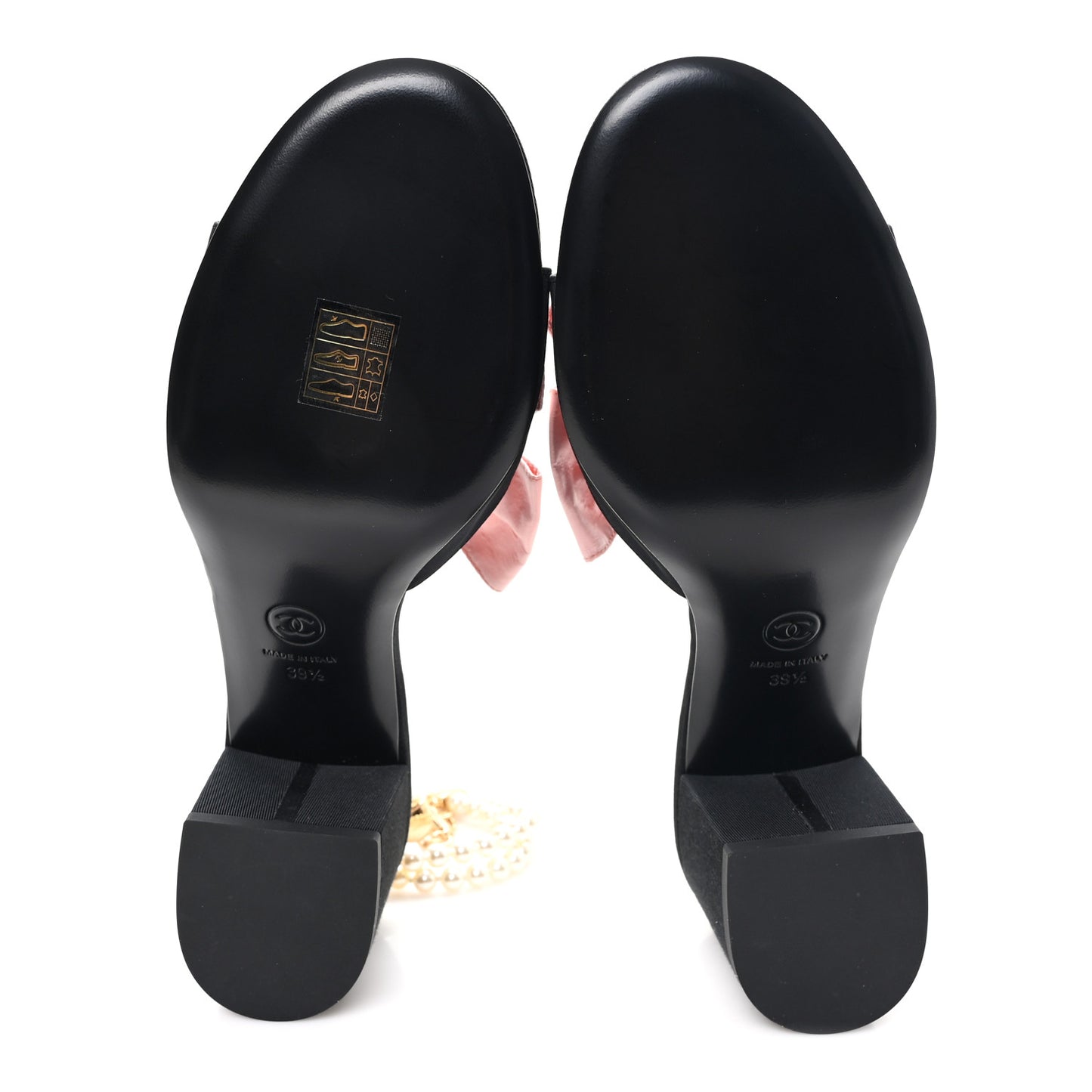 Silk Pearl Bow CC Ankle Strap Sandals 39.5 Pink Black