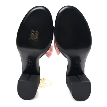 Chanel Silk Pearl Bow CC Ankle Strap Sandals 39.5 Pink Black 6 of 10