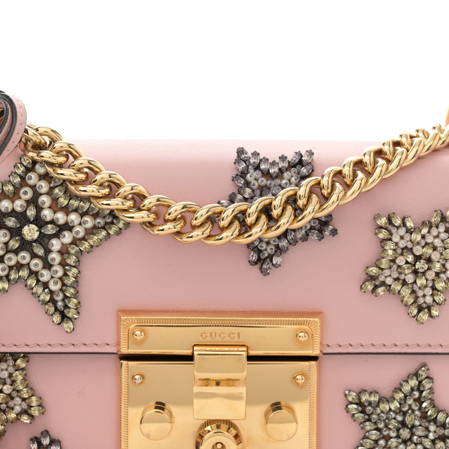 Calfskin Crystal Star Embroidered Small Padlock Shoulder Bag Perfect Pink Multicolor