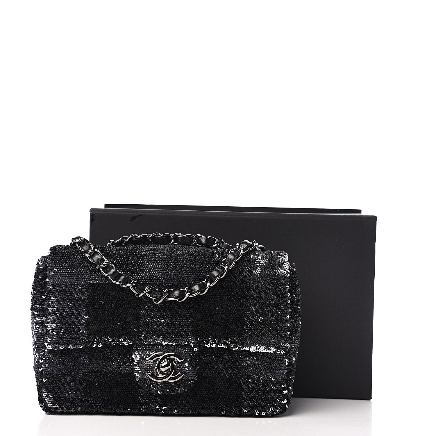 Chanel Sequin Mini Rectangular Single Flap Black Silver 10 of 10
